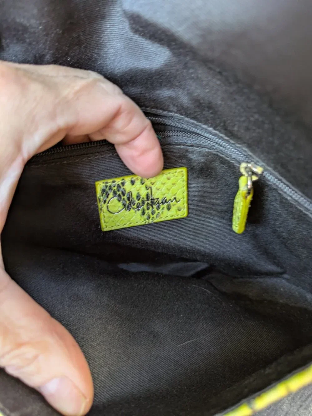 Cole Haan Neon Yellow Snakeskin Embossed Leather Envelope Clutch Bag.